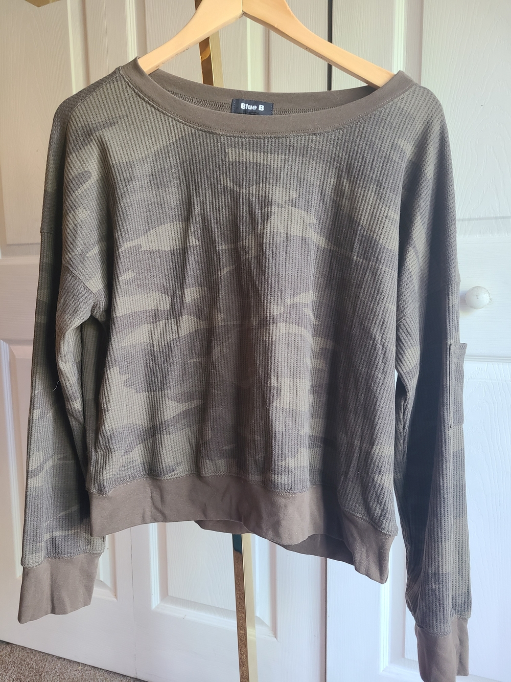 Blue B Women's Olive Camo Scoop Neck Sweater